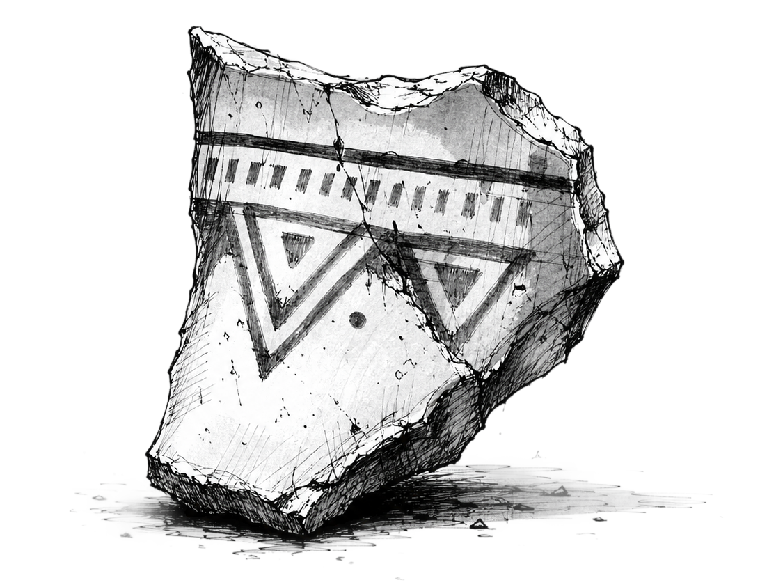 Ink sketch of an ancient ceramic fragment with cracked edges and faded markings.