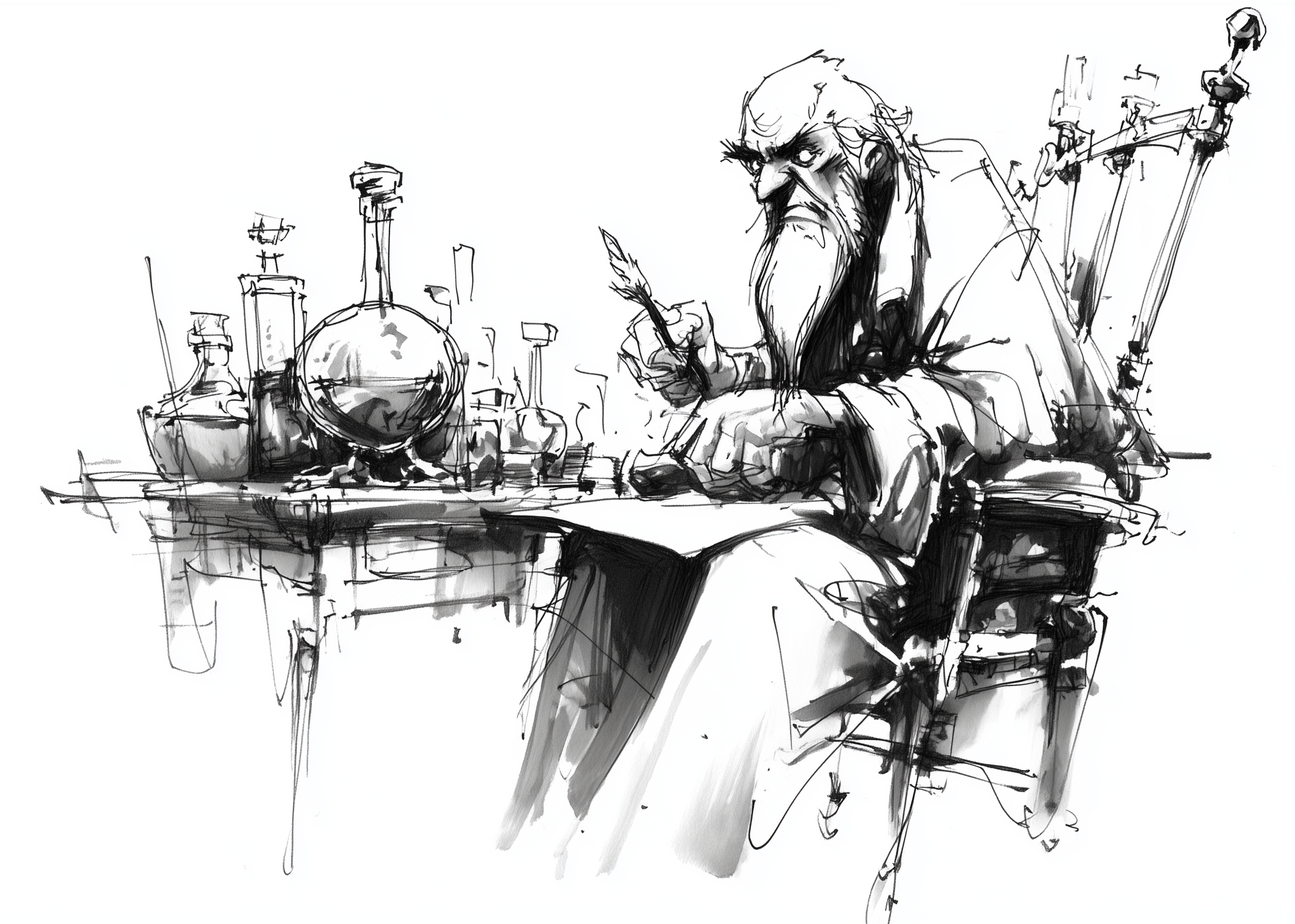 A weathered storyteller at a cluttered writing desk, quill in hand, in expressive ink and grey wash.